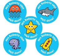 Personalised Teacher Reward Stickers - Your Name says - Well Done! Mixed Images on Blue Background from The Sticker Factory.
