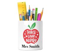 Personalised - Teacher Stationary Holder - Custom Desk Organiser Tidy for School, Nursery or Office - End of Term Gift for Teachers or Teaching Assistant, TA - Ceramic Pencil Stand Pen Pot (Apple)