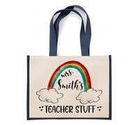Personalised Teacher Stuff ANY NAME - End of Term Thankyou Gift Teacher Appreciation Shopping Shoppers Jute Bag. (Navy Blue)