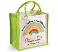Personalised Teacher Thank You Jute Tote Bag, Custom Name Gift for Teacher, Rainbow Reusable Eco Shopping Bag, Large Cotton Handle Tote, Teaching Assistant, End of Term Thank You Gift, Apple Green