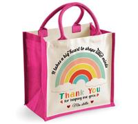 Personalised Teacher Thank You Jute Tote Bag, Custom Name Gift for Teacher, Rainbow Reusable Eco Shopping Bag, Large Cotton Handle Tote, Teaching Assistant, End of Term Thank You Gift, Fuchsia