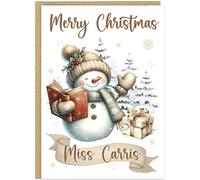 Personalised Teachers Merry Christmas Cards - Custom Own Name Snowman Reading Book A5 Customised Thank You Greeting Cards for Teaching Assistants, Sendcos etc. (Beige)