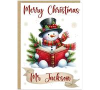 Personalised Teachers Merry Christmas Cards - Custom Own Name Snowman Reading Book A5 Customised Thank You Greeting Cards for Teaching Assistants, Sendcos etc. (Red & Beige)
