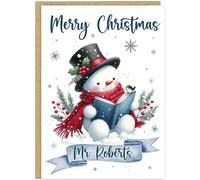 Personalised Teachers Merry Christmas Cards - Custom Own Name Snowman Reading Book A5 Customised Thank You Greeting Cards for Teaching Assistants, Sendcos etc. (Blue & Red)