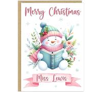 Personalised Teachers Merry Christmas Cards - Custom Own Name Snowman Reading Book A5 Customised Thank You Greeting Cards for Teaching Assistants, Sendcos etc. (Pink & Blue)