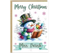 Personalised Teachers Merry Christmas Cards - Custom Own Name Snowman Reading Book A5 Customised Thank You Greeting Cards for Teaching Assistants, Sendcos etc. (Multi)