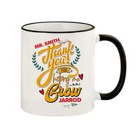 Personalised Teachers Special Present idea - Thank You for Helping me Grow Any Name Inspired 11oz / 15oz Ceramic Mug. (Black Rim & Black Handle Mug)