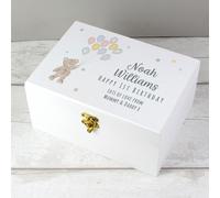 Personalised Teddy & Balloons White Wooden Keepsake I Baby I Christening