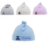 Personalised Teddy Bear Baby Knot Beanie Hat, Embroidered, Knotted, Newborn-6 Months (Blue)