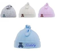 Personalised Teddy Bear Baby Knot Cotton Beanie Hat, Embroidered, Knotted, Newborn-6 Months
