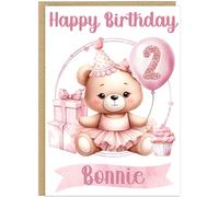 Personalised Teddy Bear Birthday Cards for Boys Girls - Custom Name & Any Age - Happy Birthday Greeting Cards A5 For Boys Girls In Blue Beige Green Pink Designs (Pink)
