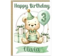 Personalised Teddy Bear Birthday Cards for Boys Girls - Custom Name & Any Age - Happy Birthday Greeting Cards A5 For Boys Girls In Blue Beige Green Pink Designs (Green)