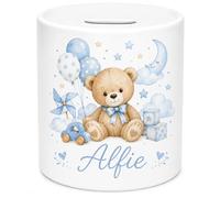 Personalised Teddy Bear Ceramic Money Box - Custom Baby Boy Coin Bank with Any Name - Cute Blue Teddy Piggy Bank for Boys, Babies & Toddlers - Nursery Savings Pot Keepsake Gift
