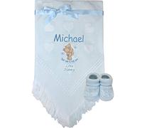 Personalised Teddy Bear Hugs Blue Baby Shawl Blanket with Cable Knit Booties