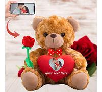 Personalised Teddy Bear with Photo and Custom Text on Heart, Stuffed Animals Valentine Teddy Bear with Rose & Bow as Im sorry gifts for Her/ Him on Valentine/ Anniversary/ Birthday (8-IN--Red Heart)