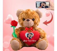 Personalised Teddy Bear with Photo and Custom Text on Heart, Stuffed Animals Valentine Teddy Bear with Rose & Bow as Im sorry gifts for Her on Valentine/Anniversary/Birthday (8 IN-Red Heart)