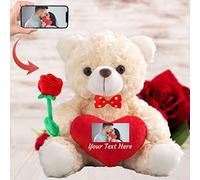 Personalised Teddy Bear with Photo and Custom Text on Heart, Stuffed Animals Valentine Teddy Bear with Rose & Bow as Im sorry gifts for Her/ Him on Valentine/ Anniversary/ Birthday (8-IN--Red Heart)