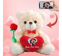 Personalised Teddy Bear with Photo and Custom Text on Heart, Stuffed Animals Valentine Teddy Bear with Rose & Bow as Im sorry gifts for Her on Valentine/ Anniversary/ Birthday (8 IN-Red Heart)