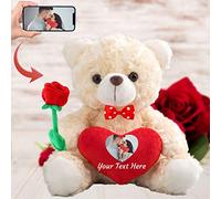 Personalised Teddy Bear with Photo and Custom Text on Heart, Stuffed Animals Valentine Teddy Bear with Rose & Bow as Im sorry gifts for Her/ Him on Valentine/ Anniversary/ Birthday (8-IN--Red Heart)