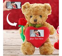 Personalised Teddy Bear with Photo and Custom Text on Heart, Valentine Teddy Bear with Rose for Her/ Him as Personalised Gifts for Women as Valentines Gifts/ Birthday/ Anniversary (12-IN--Red Heart)