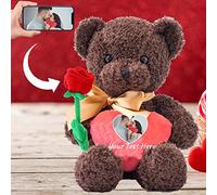 Personalised Teddy Bear with Photo and Custom Text on Heart, Valentine Teddy Bear with Rose for Her/ Him as Personalised Gifts for Women as Valentines Gifts/ Birthday/ Anniversary (16 IN-Red Heart)