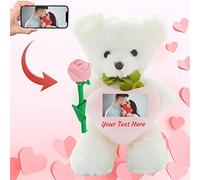Personalised Teddy Bear with Photo and Custom Text on Heart, Valentine Teddy Bear with Rose for Her/ Him as Personalised Gifts for Women as Valentines Gifts/ Birthday/ Anniversary (16-IN--Pink Heart)
