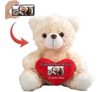 Personalised Teddy Bear with Photo & Custom Text on Heart, Stuffed Animal Holding Heart as 'I'm Sorry' Gift for Her/Him on Valentine's, Anniversary or Birthday (Red Heart)