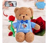 Personalised Teddy Bear with Photo & Text, Stuffed Animal with Rose & Bow - Perfect 'I'm Sorry' Gift for Her on Valentine, Anniversary or Birthday (8 In - Blue Hoodie)