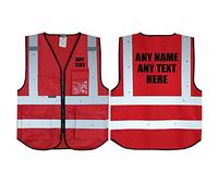Personalised Text Red Salzmann 3M High Visibility Safety Vest Multi Phone ID Pocket Hi-Vis Waistcoat 3M Reflective Tape