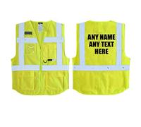 Personalised Text Yellow Salzmann 3M High Visibility Safety Vest Multi Phone ID Pocket Hi-Vis Waistcoat 3M Reflective Tape 10937