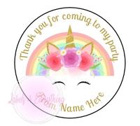 Personalised Thank You for Coming to My Party Unicorn Rainbow Stickers Sweetcone Birthday (Matte, 24 Stickers - 45mm Round)