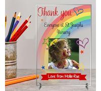 Personalised Thank You Freestanding Plaque for Nursery Staff - Rainbow Design with Photo & Love from Child for Appreciation End of Term Gifts (Acrylic, A5-21cm x 14cm)