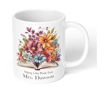 Personalised Thank You Mug with Custom Name - Floral Book Design Teacher Gift for Teacher, Teaching Assistant, Tutor or Nursery Staff - School Staff Gift Mug with Colour Inside or Heat Changing Option