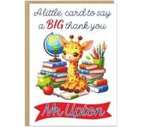 Personalised Thank You Teacher Cards - Cute Bear Bee Elephant Giraffe Leopard Lion Monkey Panda Squirrel Designs Custom Own Name Banner End of Year Teaching Assistant Card, Giraffe