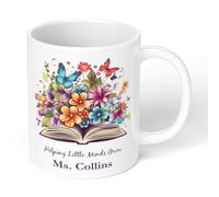 Personalised Thank You Teacher Mug with Custom Name - Floral and Butterfly Book Design Gift for Teaching Assistant, Tutor or Nursery Staff - Custom Mug with Colour Inside or Magic Heat Changing Option