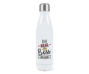 Personalised The Real Boss Double Wall Water Bottle Insulated Stainless Steel Sports Drinks 500ml White