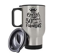 Personalised “This Queen Makes 30, 40, 50, Any Age Look Fabulous”, Birthday Queen, Present for Her, Mom, Mummy, Aunt, Friend, Wife, Silver/White Insulated Travel Tea/Coffee Mug. (Silver)