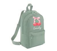 Personalised Toddler Backpack - Cherry Cherries Pink Bow Custom Name Rucksack Cute Customised Bag For School Primary Preschool Starting Nursery Holiday Baby Kids Children Nappy Bag - Dusty Green Small