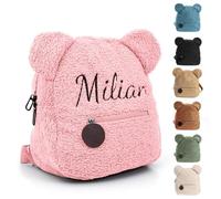 Personalised Toddler Backpack for Girl & Boy, Embroidered Name Children's Mini School Rucksack, Cute Small School Bag for Travel Kindergarten Elementary Preschool, Kids Teddy Plush Backpack (Pink)
