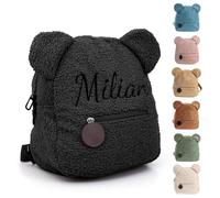 Personalised Toddler Backpack for Girl & Boy, Embroidered Name Children's Mini School Rucksack, Cute Small School Bag for Travel Kindergarten Elementary Preschool, Kids Teddy Plush Backpack (Black)
