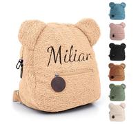 Personalised Toddler Backpack for Girl & Boy, Embroidered Name Children's Mini School Rucksack, Cute Small School Bag for Travel Kindergarten Elementary Preschool, Kids Teddy Plush Backpack (Khaki)