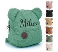 Personalised Toddler Backpack for Girl & Boy, Embroidered Name Children's Mini School Rucksack, Cute Small School Bag for Travel Kindergarten Elementary Preschool, Kids Teddy Plush Backpack (Green)
