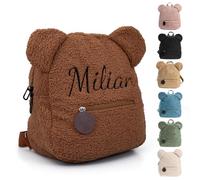 Personalised Toddler Backpack for Girl & Boy, Embroidered Name Children's Mini School Rucksack, Cute Small School Bag for Travel Kindergarten Elementary Preschool, Kids Teddy Plush Backpack (Brown)