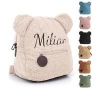 Personalised Toddler Backpack for Girl & Boy, Embroidered Name Children's Mini School Rucksack, Cute Small School Bag for Travel Kindergarten Elementary Preschool, Kids Teddy Plush Backpack (Beige)