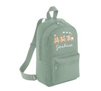 Personalised Toddler Backpack - Jungle Animal Train Wild Custom Name Rucksack Cute Customised Bag For School Primary Preschool Starting Nursery Holiday Baby Kids Children Nappy Bag - Dusty Green Small