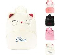 Personalised Toddler Backpack with Embroidered Name, Cute Cat Kids School Bag for Boys & Girls, Custom Lightweight Children's Backpacks for Elementary Kindergarten Preschool Primary (White)