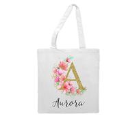 Personalised tote bag, choose your initial, customised gift with name and letter │ Golden flower crescent floral alphabet │ tote style shopping bag - white