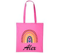 Personalised Tote Bag with Name - Custom Rainbow Design Cotton Shopper - Reusable Eco Tote with Long Handles - Unisex Gift Bag for Daily Use, Work, or Shopping (MID PINK)