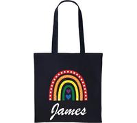 Personalised Tote Bag with Name - Custom Rainbow Design Cotton Shopper - Reusable Eco Tote with Long Handles - Unisex Gift Bag for Daily Use, Work, or Shopping (BLACK)