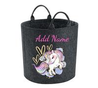 Personalised Toy Basket for Kids Storage Tub Unicorn Design Laundry Hamper for Girls and Boys, Large (Charcoal)